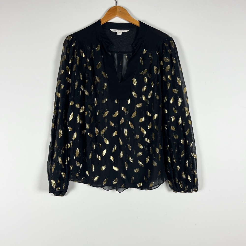 Diane Von Furstenberg Isolde Silk Chiffon Long Sleeve Gold Jacquard Blouse